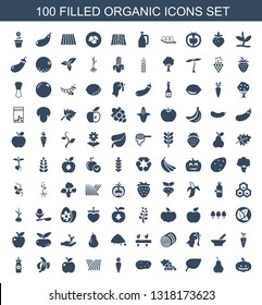 100 organic icons. Trendy organic icons white background. Included filled icons such as pumpkin haloween, pear, leaf, Grape, potato, carrot on fork. organic icon for web and mobile.