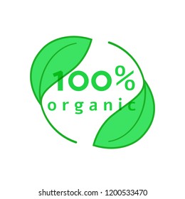 100 % organic label and logo. Vector illustration of green leaves.