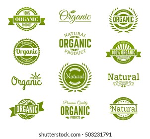 100% organic logo. Collection of healthy organic food labels, logos, badges and signs for identity and packaging of natural, organic, premium quality products. Vector set.