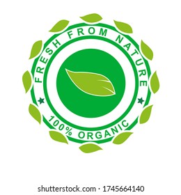 100% organic logo emblem sticker design template with text and green leaf shape. Sign and symbol nature badge illustration. Element vector for product vegetarian, vegan, stamp package food, certified