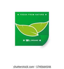 100% organic logo emblem sticker design template with text and green leaf shape. Sign and symbol nature badge illustration. Element vector for product vegetarian, vegan, stamp package food, certified
