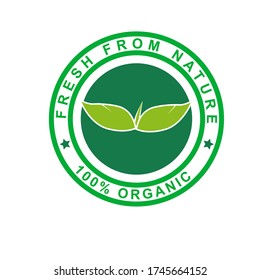 100% organic logo emblem sticker design template with text and green leaf shape. Sign and symbol nature badge illustration. Element vector for product vegetarian, vegan, stamp package food, certified