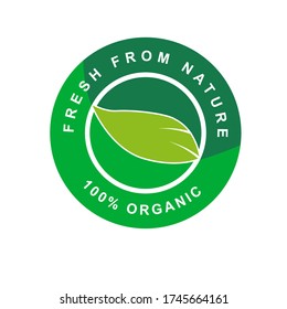 100% organic logo emblem sticker design template with text and green leaf shape. Sign and symbol nature badge illustration. Element vector for product vegetarian, vegan, stamp package food, certified