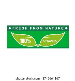 100% organic logo emblem sticker design template with text and green leaf shape. Sign and symbol nature badge illustration. Element vector for product vegetarian, vegan, stamp package food, certified