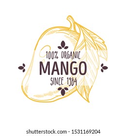100 organic mango, tropical stone fruit, whole ripe plant with leaf, juicy interior, label for all natural food packaging design, hand drawn detailed sketch, vector illustration on white background