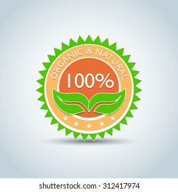 '100% organic & natural'. Eco logo template, bio label with retro vintage design. Round Green Vector illustration.