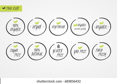 100% Organic Natural Gluten Sugar GMO Free Vegan Vegetarian Farm Fresh label. Food logo icons. Vector green and white circle signs isolated. Illustration symbol for product, packaging, healthy eating