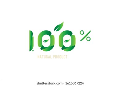 100% Organic. Natural product Logo with green tree leaf for world ecology nature. Flat Vector Illustration EPS10