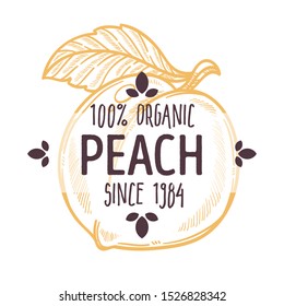 100 Organic Peach, Juicy, Fleshy Whole Stone Fruit With Short Hair, Fuzz, Label For All Natural Food Packaging Design, Grocery Product, Hand Drawn Sketch, Flat Vector Illustration On White Background