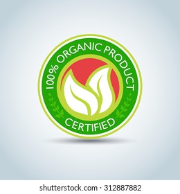 '100% Organic Product' Eco logo template, bio label with retro vintage design. Round Green Vector illustration.