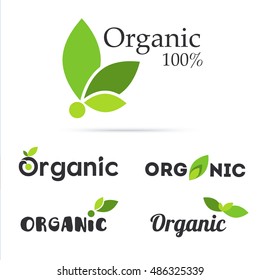 100% Organic Product Logo Set. Natural Food Labels. Fresh Farm Symbols And Icons. Bio And Eco Vegan Signs And Tags. Vegetarian Healthy Food Stickers. Vector Illustration