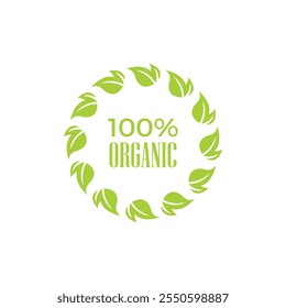 100% Organic Pure Natural Label Seal Sticker. Leaf Circle Logo