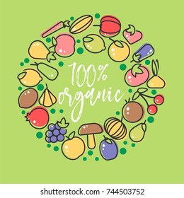 100% Organic tasty vegetables and fruits promotional poster