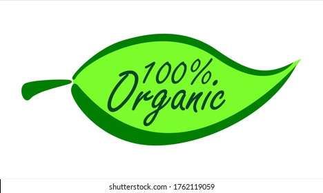 100% organic vector logo design. 100% natural product. Green sticker brush calligraphy for inscriptions. Natural product as a banner, postcard, advertising. Vector of ecological nature.