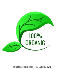 100% Organic vector Tag. Vibrant color green leaves with 100% Organic bold message isolated transparent background. Perfect png eco business label sign Tag template design. EPS 10