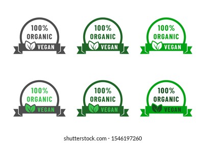 100% organic vegan symbols. Bio, eco icon set. Vegan, no meat, lactose free, healthy and nonviolent food. Round green vector illustrations with ribbon, leaves for stickers, labels and logos