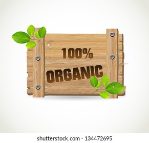 100% Organic - wooden bio icon with leaves