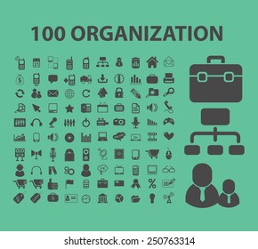 100 organization, human resources, management icons, signs, illustrations set, vector