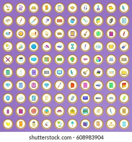 100 organization icons set in cartoon style on purple background vector illustration