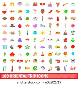 100 oriental trip icons set in cartoon style for any design vector illustration