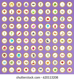 100 oriental trip icons set in cartoon style on purple background vector illustration