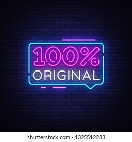 100% original neon text vector design template. 100% original neon sign, light banner design element colorful modern design trend, night bright advertising, bright sign. Vector illustration