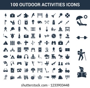 100 outdoor activities universal icons set with Read, Hiking, Fitness, Sunbed, Football, Shopping bag, Tv, Guitar, Picnic, Yarn ball