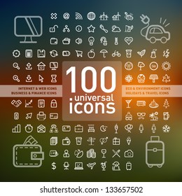 100 Outlined Icons of Holidays and Traveling, Business and Economy, Web and Internet, Ecology and Environment