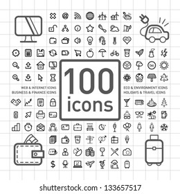 100 Outlined Icons of Holidays and Traveling, Business and Economy, Web and Internet, Ecology and Environment