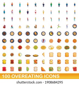 100 juegos de iconos de sobrealimentación. Ilustración de dibujos animados de 100 iconos de alimentación excesiva conjunto aislado en fondo blanco