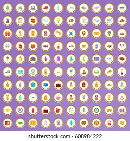 100 package and delivery icons set in cartoon style on purple background vector illustration