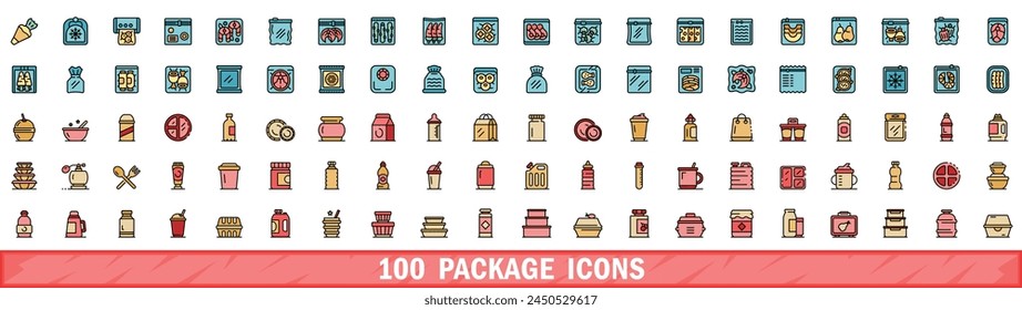 100 package icons set. Color line set of package vector icons thin line color flat on white