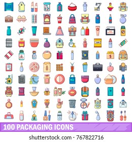 100 packaging icons set. Cartoon illustration of 100 packaging vector icons isolated on white background