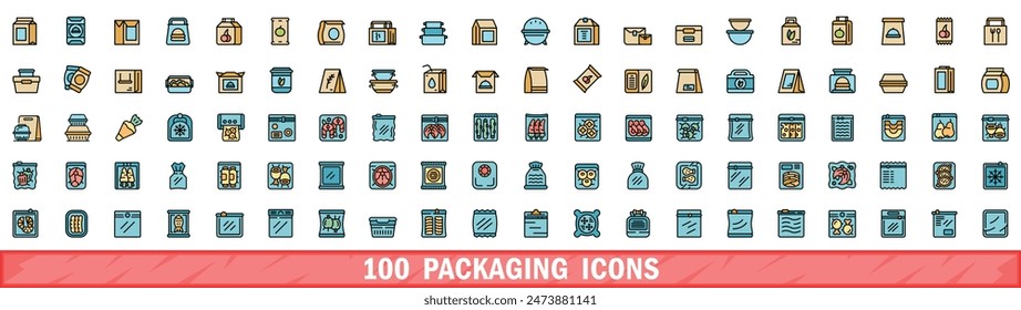 100 packaging icons set. Color line set of packaging vector icons thin line color flat on white