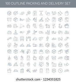 100 Packing and Delivery universal icons set with Shopping bag linear, Free Sent Package Weight Calculator Wheelbarrow cart linear