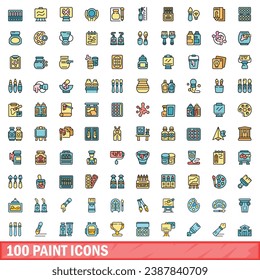 100 iconos de pintura. Conjunto de líneas de color de los iconos del vector de pintura color de línea delgada plano sobre blanco