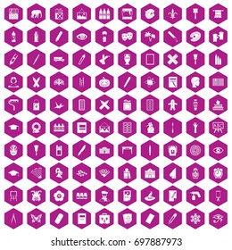 100 paint school icons set in violet hexagon isolated vector illustration