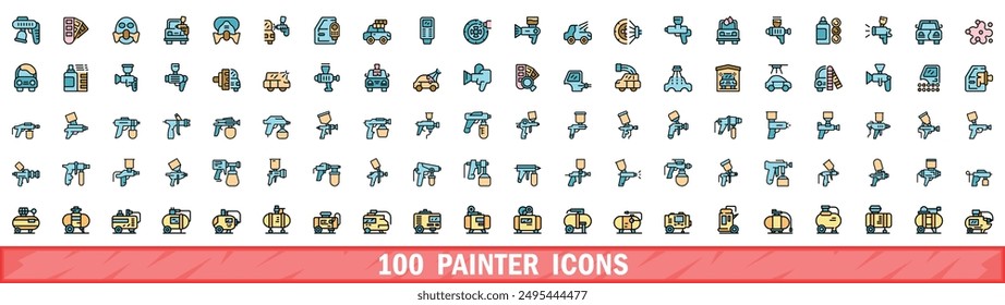 100 painter icons set. Color line set of painter vector icons thin line color flat on white