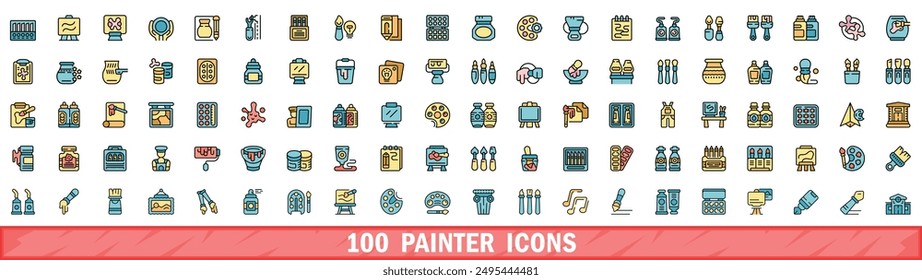 100 painter icons set. Color line set of painter vector icons thin line color flat on white