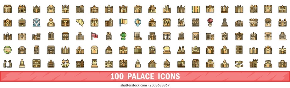 100 palace icons set. Color line set of palace vector icons thin line color flat on white