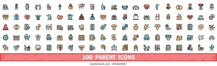 100 parent icons set. Color line set of parent vector icons thin line color flat on white