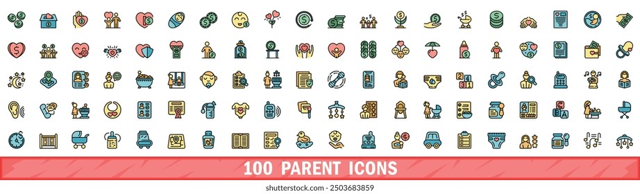 Conjunto de 100 iconos parentales. Conjunto de línea de color de iconos de vectores primarios color de línea delgada plana sobre blanco