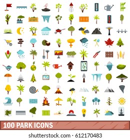 100 park icons set in flat style. Illustration of park icons isolated forest, mountain and sea vector for any design