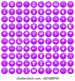 100 park icons set in purple circle isolated on white vector illustration