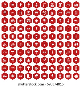 100 park icons set in red hexagon isolated vector illustration