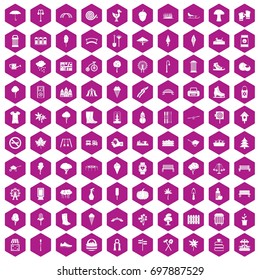 100 park icons set in violet hexagon isolated vector illustration