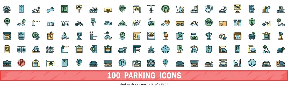 100 parking icons set. Color line set of parking vector icons thin line color flat on white