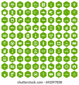 100 parking icons set in green hexagon isolated vector illustration