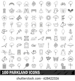 100 parkland icons set in outline style for any design vector illustration