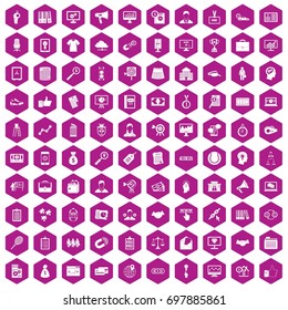 100 partnership icons set in violet hexagon isolated vector illustration